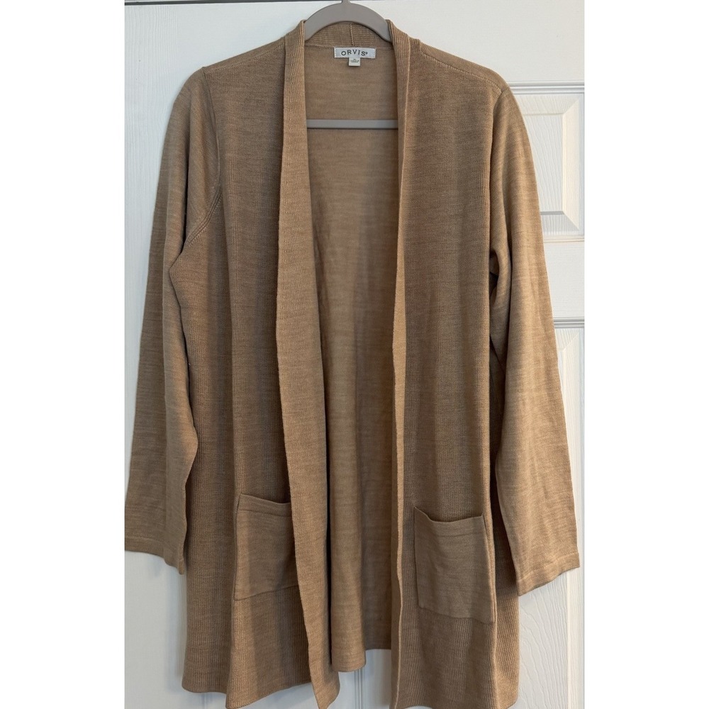Orvis Women's XL Open Cardigan 100% Merino Wool Long Camel Pockets Cabincore